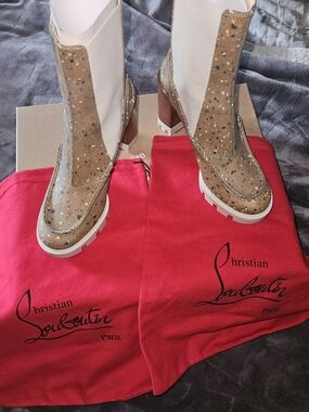 Christian Louboutin Tan Speckled Leather Block Heel Boots